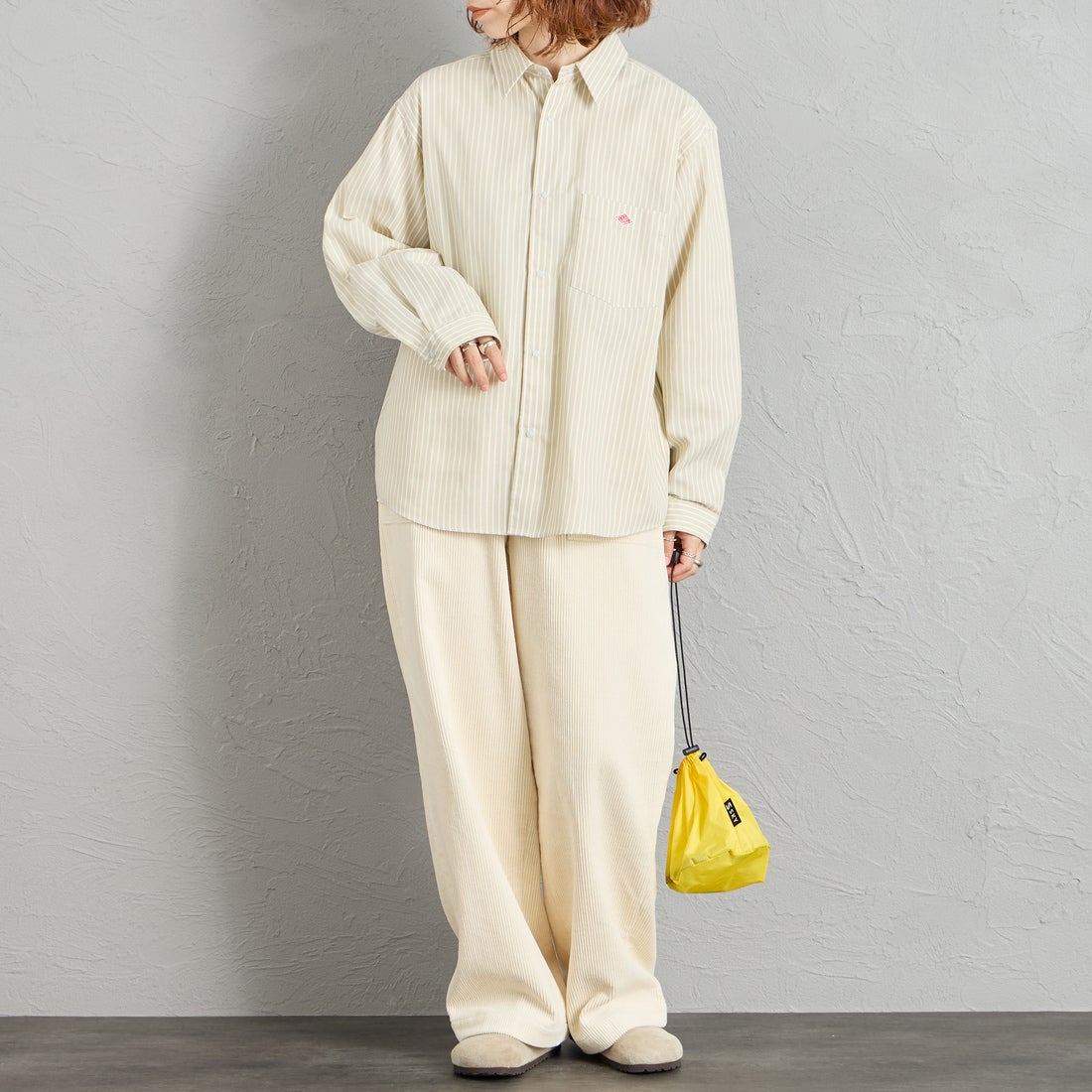 DANTON [ダントン] ドットボタン レギュラーカラー ストライプロングスリーブシャツ [DT-B0391POD] BEG/WHT ST &&モデル身長：158cm 着用サイズ：38&&