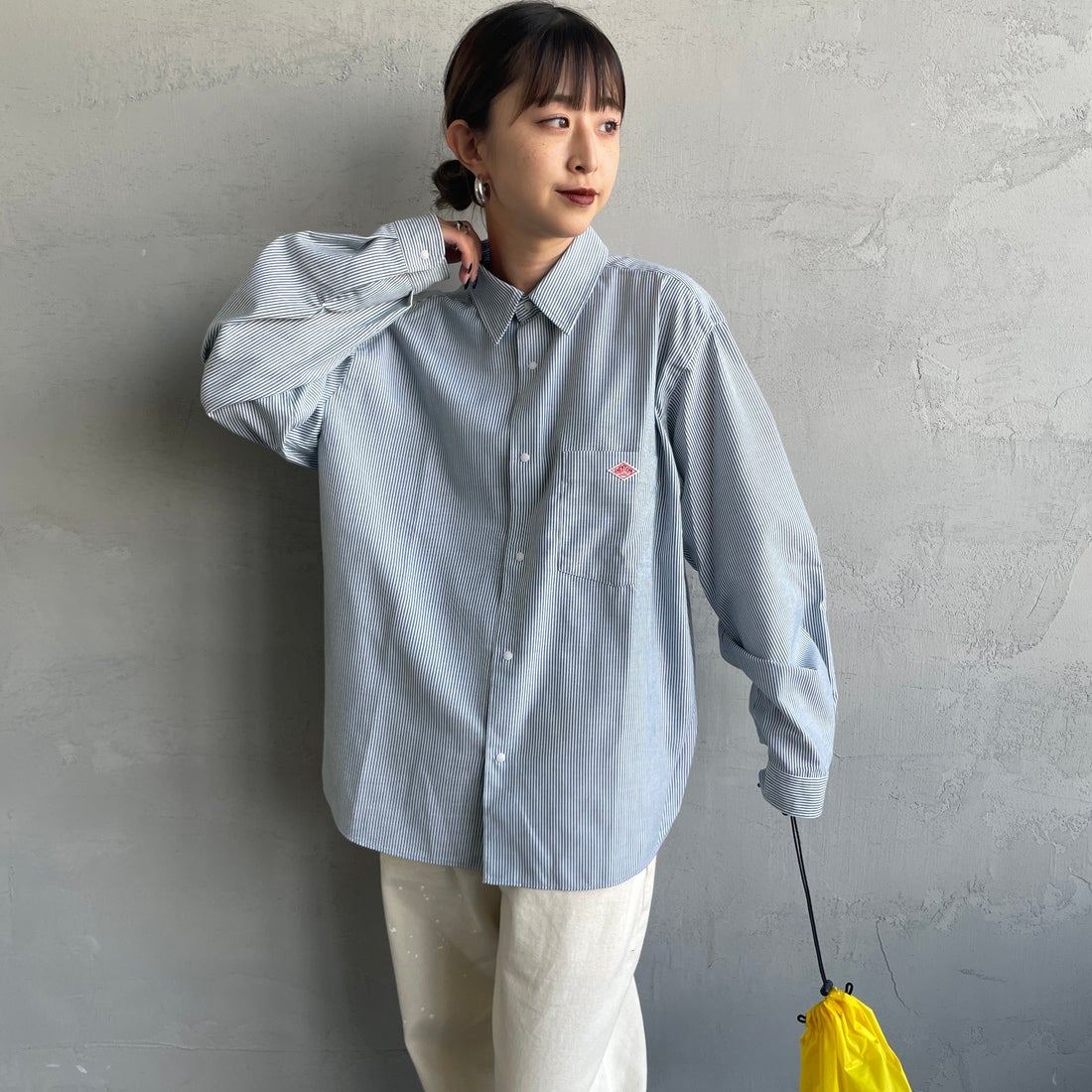 DANTON [ダントン] ドットボタン レギュラーカラー ストライプロングスリーブシャツ [DT-B0391POD] WHT/GRN ST &&モデル身長：150cm 着用サイズ：36&&