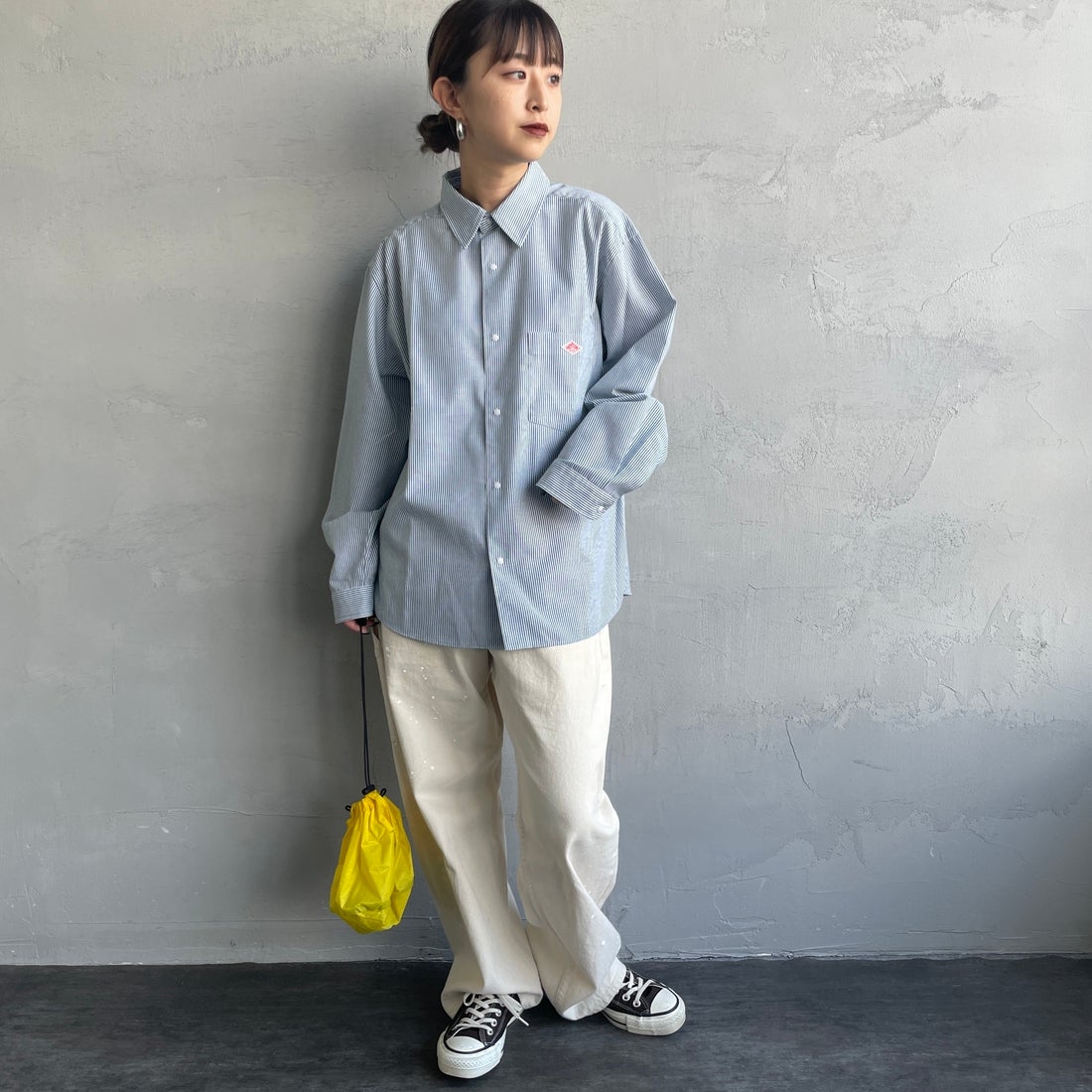 DANTON [ダントン] ドットボタン レギュラーカラー ストライプロングスリーブシャツ [DT-B0391POD] WHT/GRN ST &&モデル身長：150cm 着用サイズ：36&&