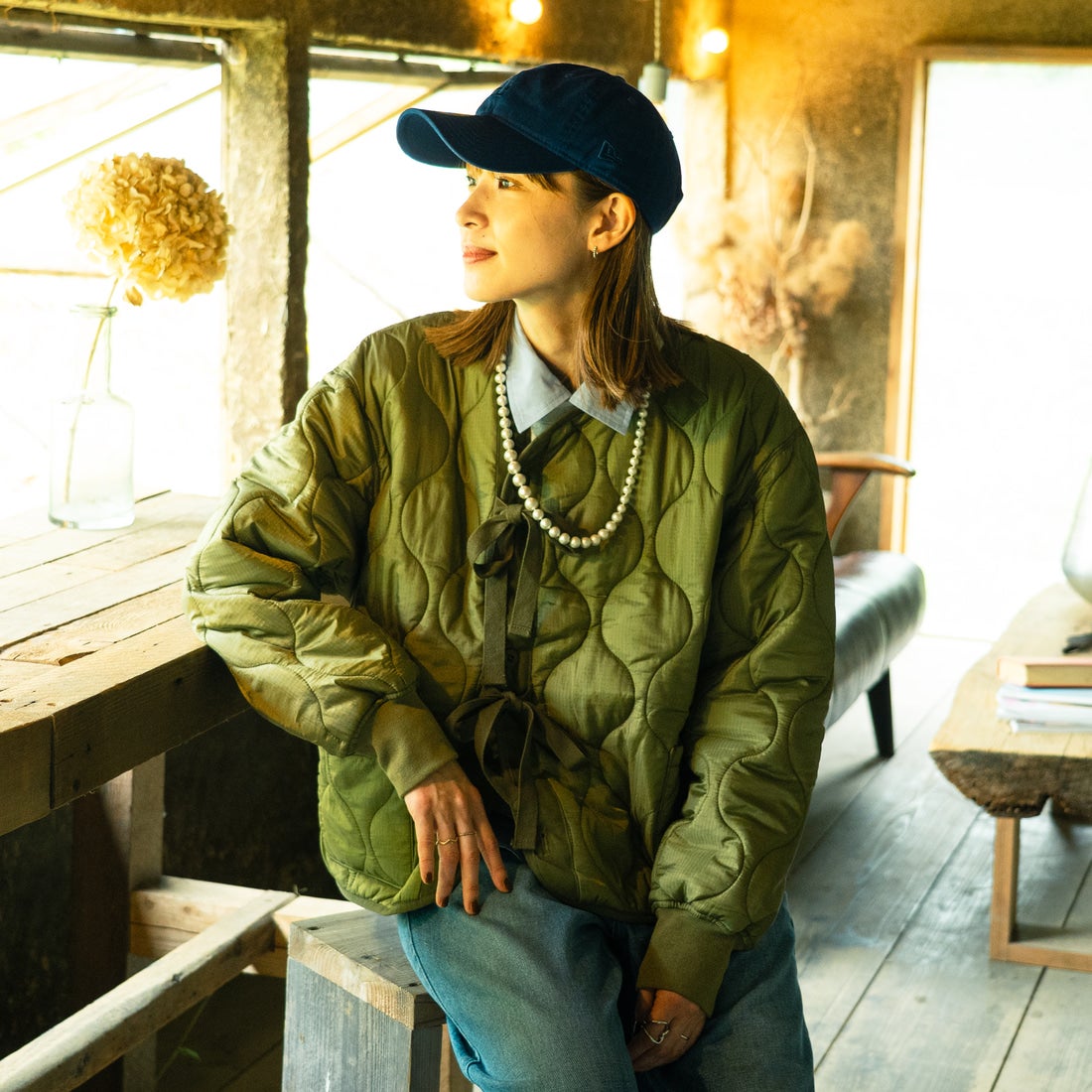 MILITARY [ミリタリー] 別注 M-65 キルティングライナージャケット [T-25789001-JF] KHAKI &&モデル身長：167cm 着用サイズ：S&&