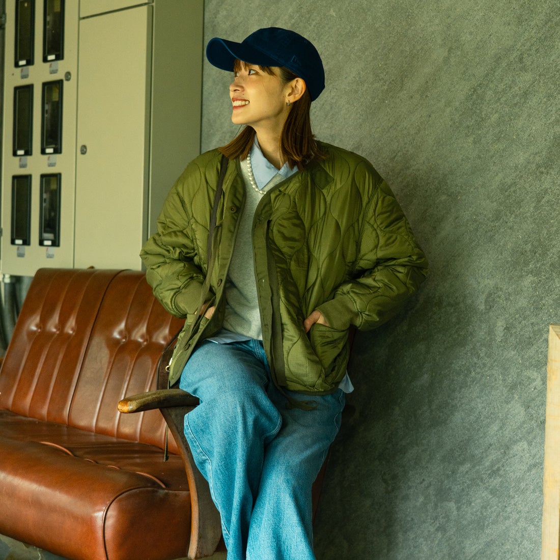 MILITARY [ミリタリー] 別注 M-65 キルティングライナージャケット [T-25789001-JF] KHAKI &&モデル身長：167cm 着用サイズ：S&&