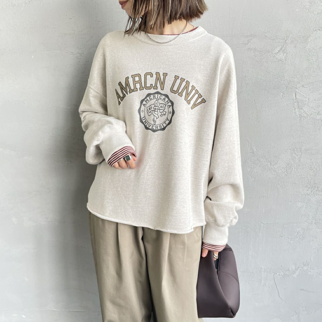 Americana × JEANS FACTORY [アメリカーナ × ジーンズファクトリー] 別注 カレッジプリント カットオフスウェット [BRF-736A-1-JF] ｵｰﾄﾐｰﾙ &&モデル身長：158cm 着用サイズ：ONE SIZE&&