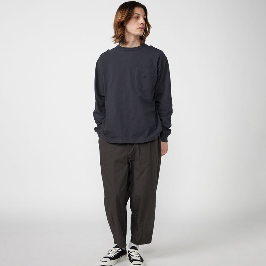 THE NORTH FACE PURPLE LABEL [ザ ノースフェイス パープルレーベル] 8オンスフィールド ロングスリーブポケットTシャツ [N25FT063] AH ASPHALT &&モデル身長：179cm 着用サイズ：M&&