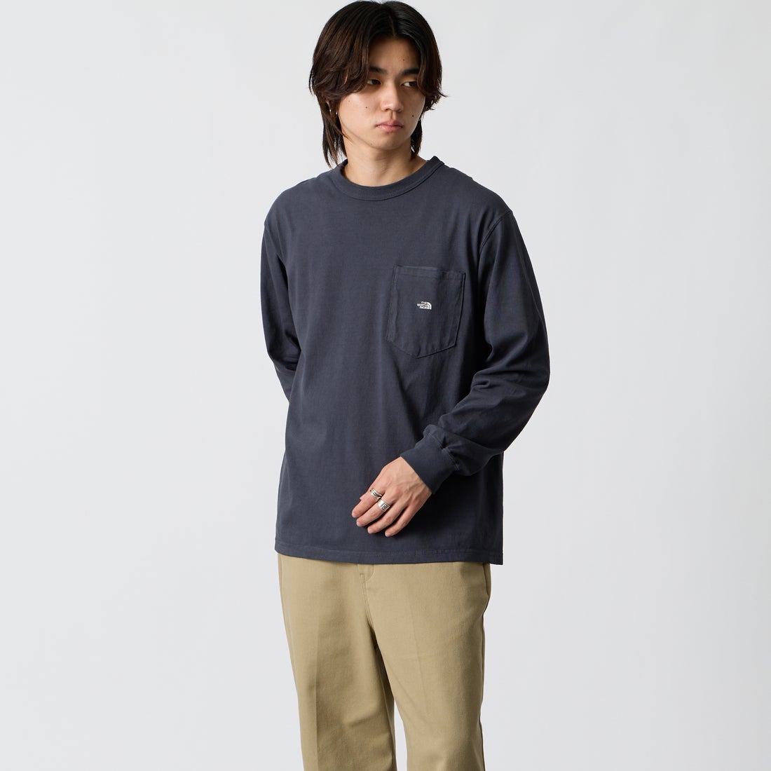 THE NORTH FACE PURPLE LABEL [ザ ノースフェイス パープルレーベル] 8オンスフィールド ロングスリーブポケットTシャツ [N25FT063] AO ASP/O.W &&モデル身長：177cm 着用サイズ：M&&
