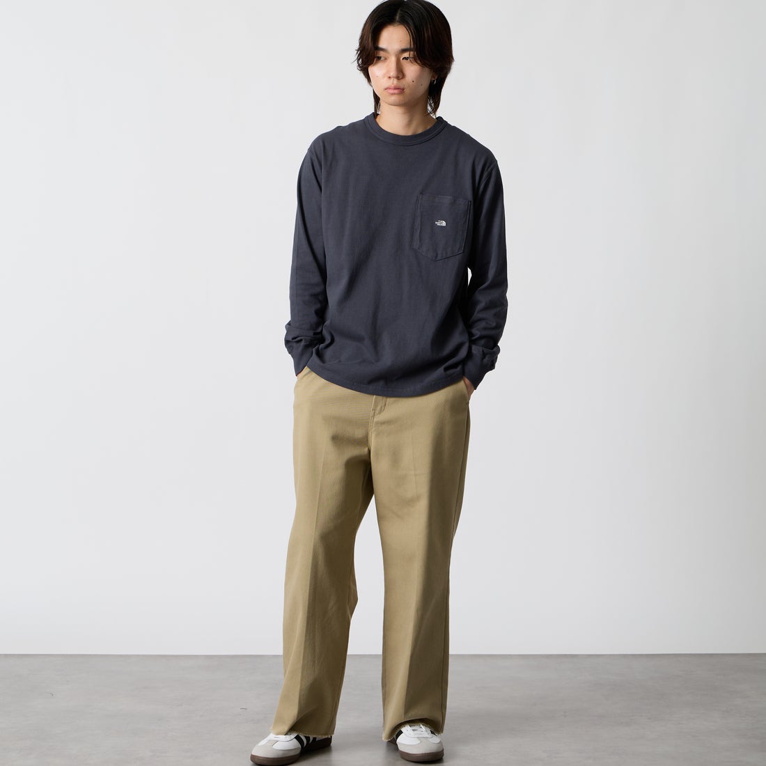 THE NORTH FACE PURPLE LABEL [ザ ノースフェイス パープルレーベル] 8オンスフィールド ロングスリーブポケットTシャツ [N25FT063] AO ASP/O.W &&モデル身長：177cm 着用サイズ：M&&