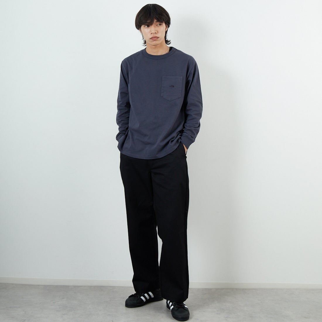 THE NORTH FACE PURPLE LABEL [ザ ノースフェイス パープルレーベル] 8オンスフィールド ロングスリーブポケットTシャツ [N25FT063] AH ASPHALT &&モデル身長：179cm 着用サイズ：M&&