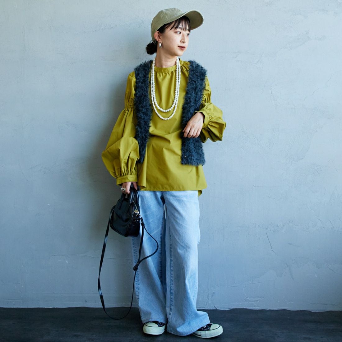 USINE [ユジーヌ] 袖ボリュームチュニックブラウス [IN2-SH-5] MUSTARD &&モデル身長：150cm 着用サイズ：F&&