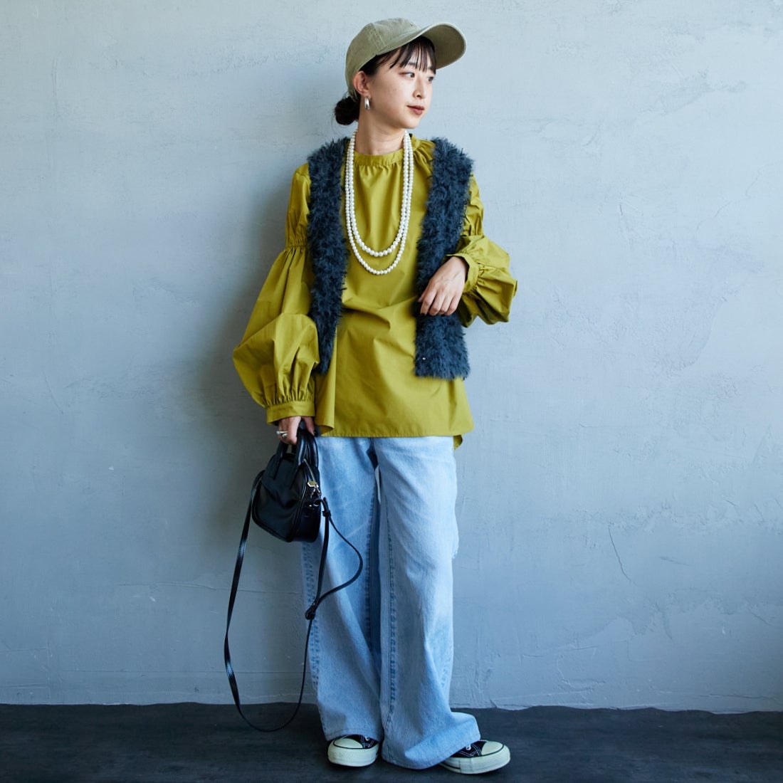 USINE [ユジーヌ] 袖ボリュームチュニックブラウス [IN2-SH-5] MUSTARD &&モデル身長：150cm 着用サイズ：F&&