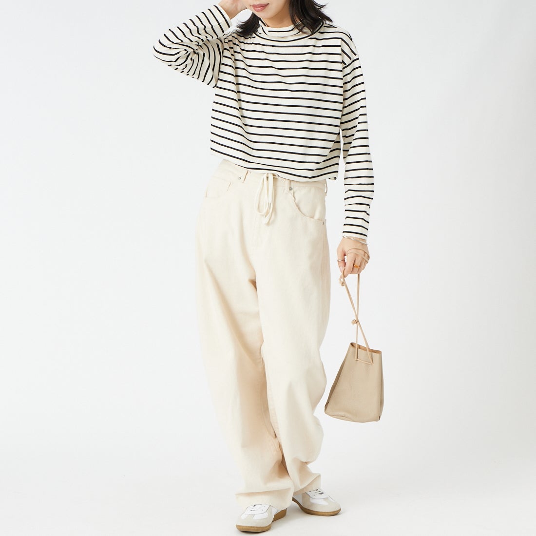 tumugu: [ツムグ] 裾ラウンドハイネックロングボーダーTシャツ [TC22301-BA] 9L BORDER &&モデル身長：162cm 着用サイズ：F&&