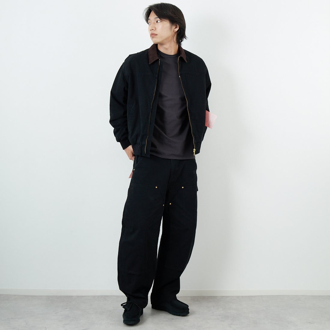 Jeans Factory Clothes [ジーンズファクトリークローズ] STANDARD ダブルニーダックカーブペインターパンツ [JFC-254-064] BLACK &&モデル身長：179cm 着用サイズ：L&&