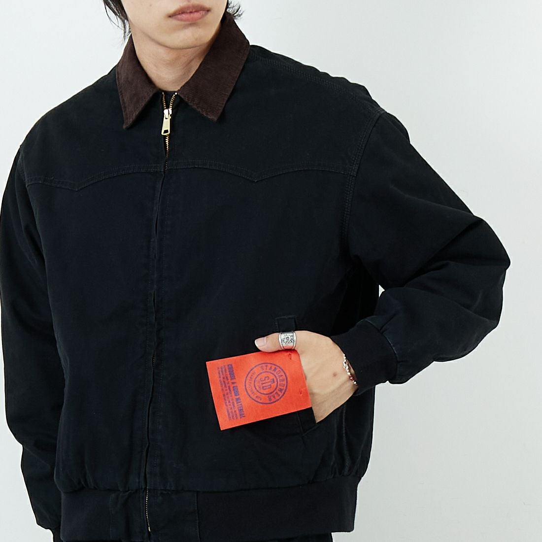 Jeans Factory Clothes [ジーンズファクトリークローズ] STANDARD ダックサンタフェワークジャケット [JFC-254-065] BLACK &&モデル身長：179cm 着用サイズ：S&&