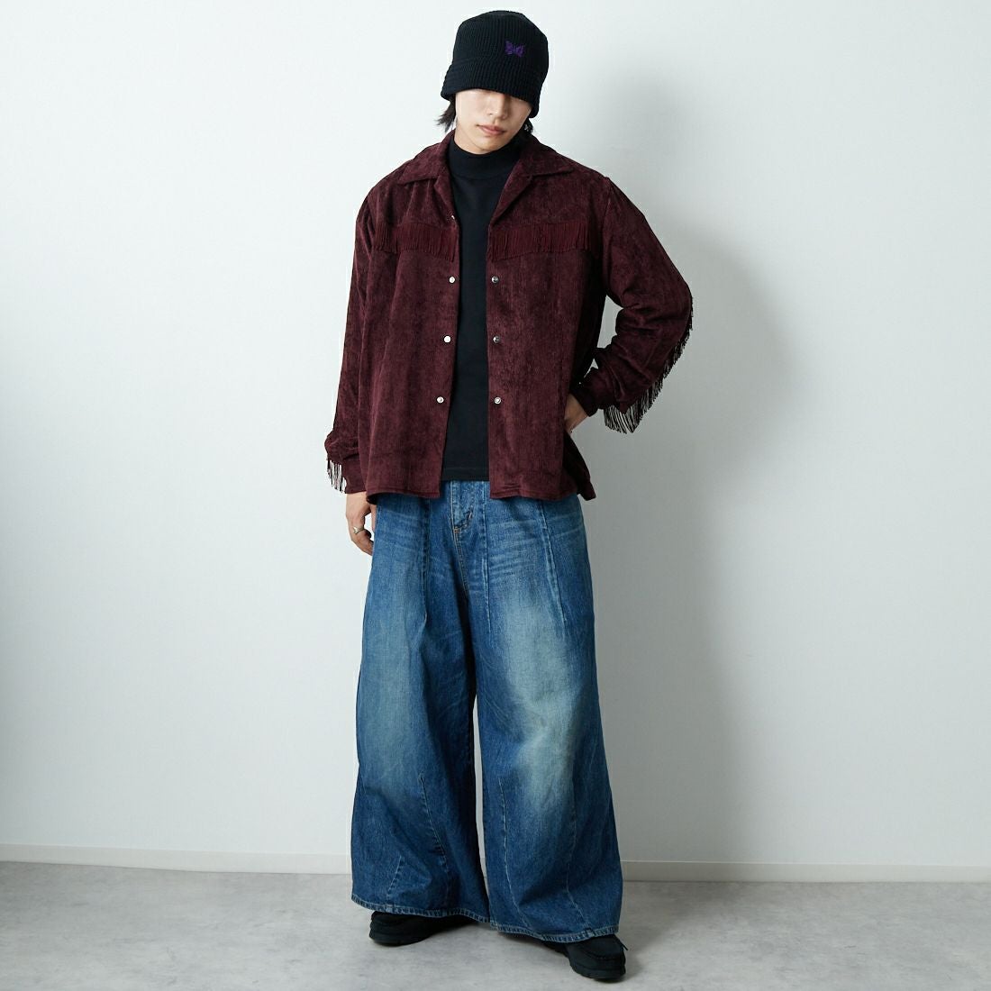 Needles [ニードルズ] フリンジオープンカラーシャツ [RW261] B BURGUNDY &&モデル身長：179cm 着用サイズ：M&&