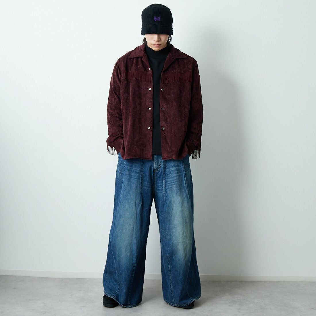 Needles [ニードルズ] フリンジオープンカラーシャツ [RW261] B BURGUNDY &&モデル身長：179cm 着用サイズ：M&&