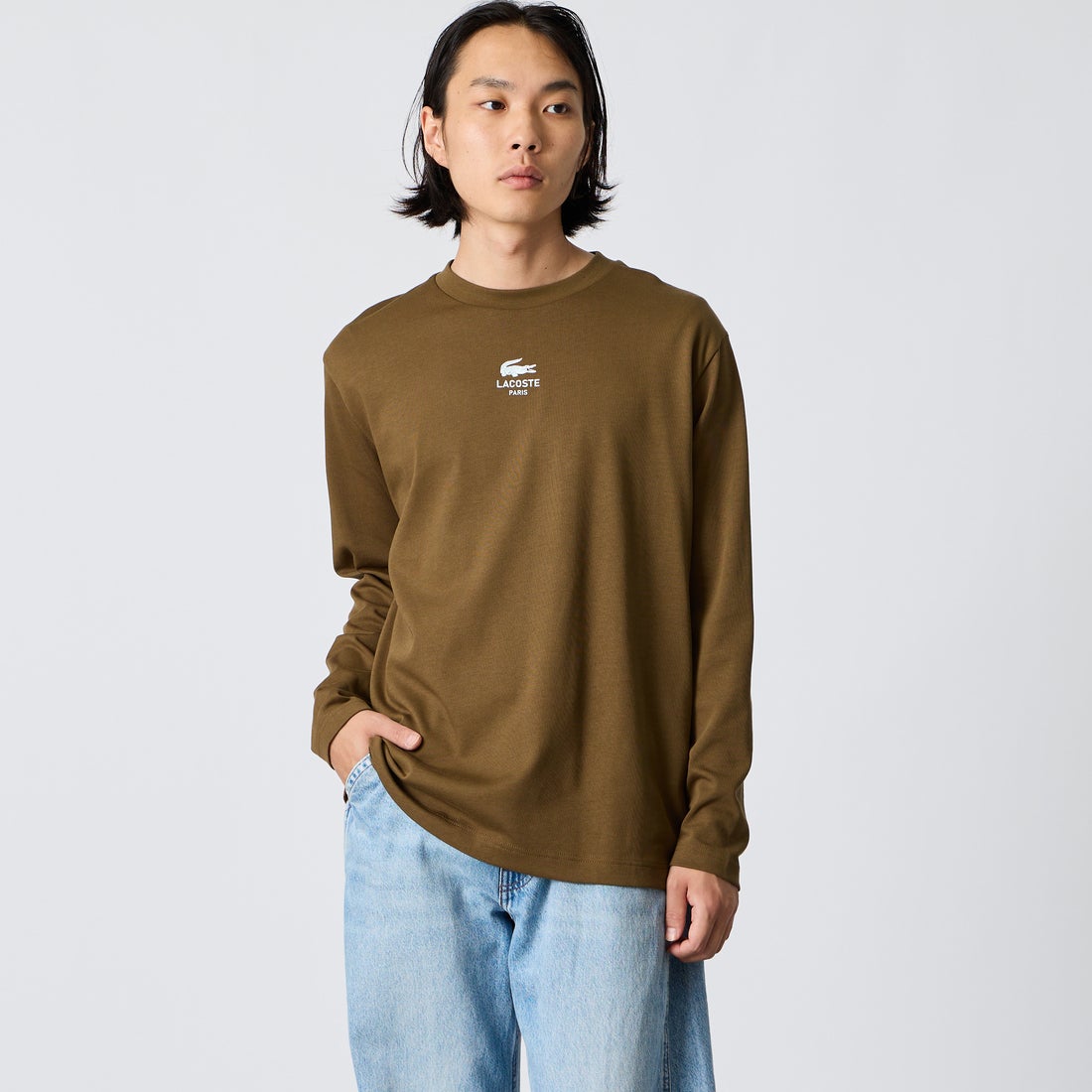 LACOSTE [ラコステ] PARISロゴ ヘビーオンスTシャツ [TH9396] DPD BROWN &&モデル身長：175cm 着用サイズ：3&&
