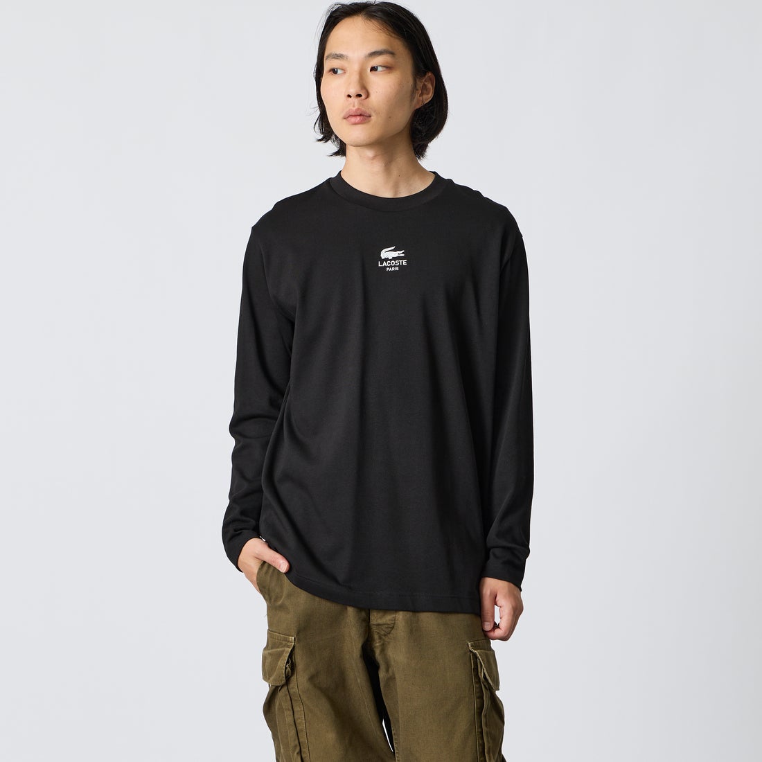 LACOSTE [ラコステ] PARISロゴ ヘビーオンスTシャツ [TH9396] 031 BLACK &&モデル身長：175cm 着用サイズ：4&&