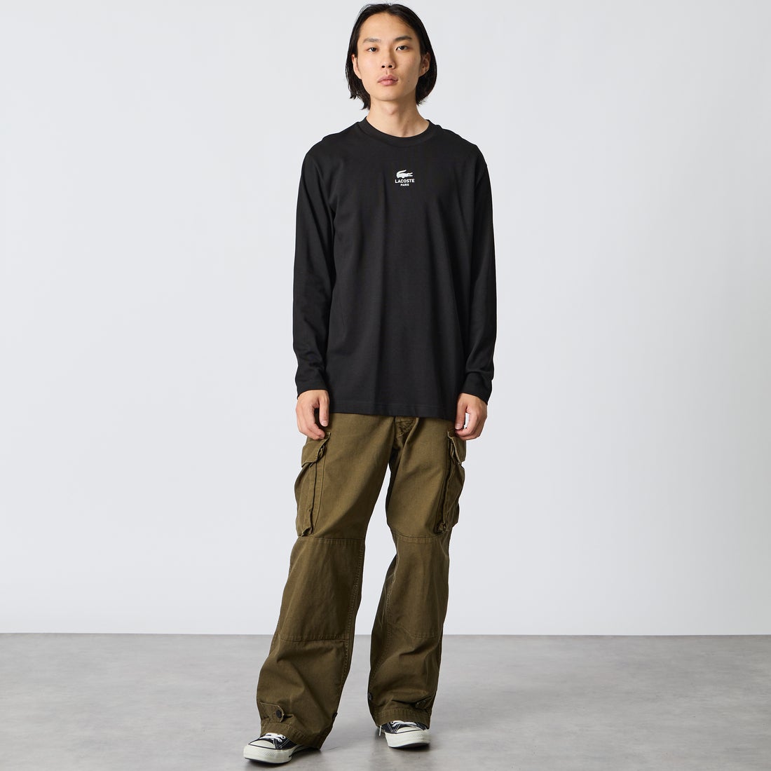 LACOSTE [ラコステ] PARISロゴ ヘビーオンスTシャツ [TH9396] 031 BLACK &&モデル身長：175cm 着用サイズ：4&&