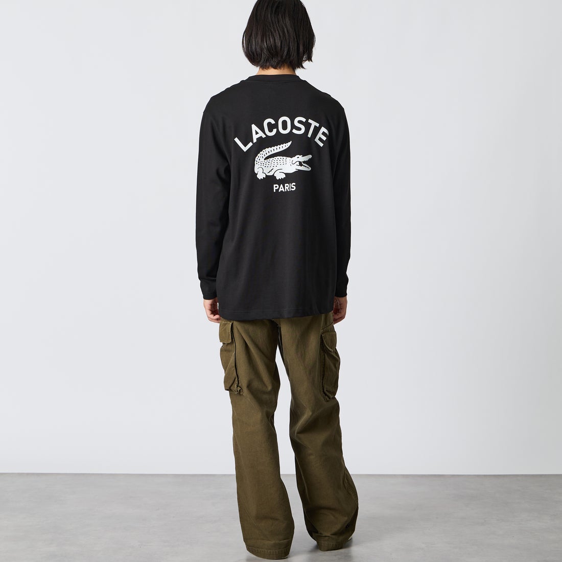 LACOSTE [ラコステ] PARISロゴ ヘビーオンスTシャツ [TH9396] 031 BLACK &&モデル身長：175cm 着用サイズ：4&&