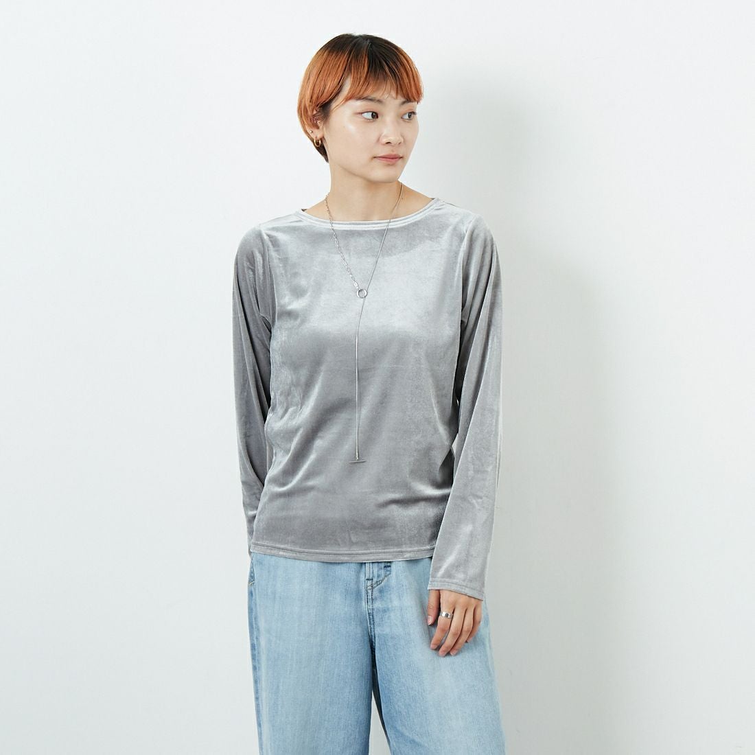 Jf Ready Made [ジェイエフレディメイド] カットベロアクルーネックTシャツ [3105101] 805 ｸﾞﾚｲ &&モデル身長：160cm 着用サイズ：F&&