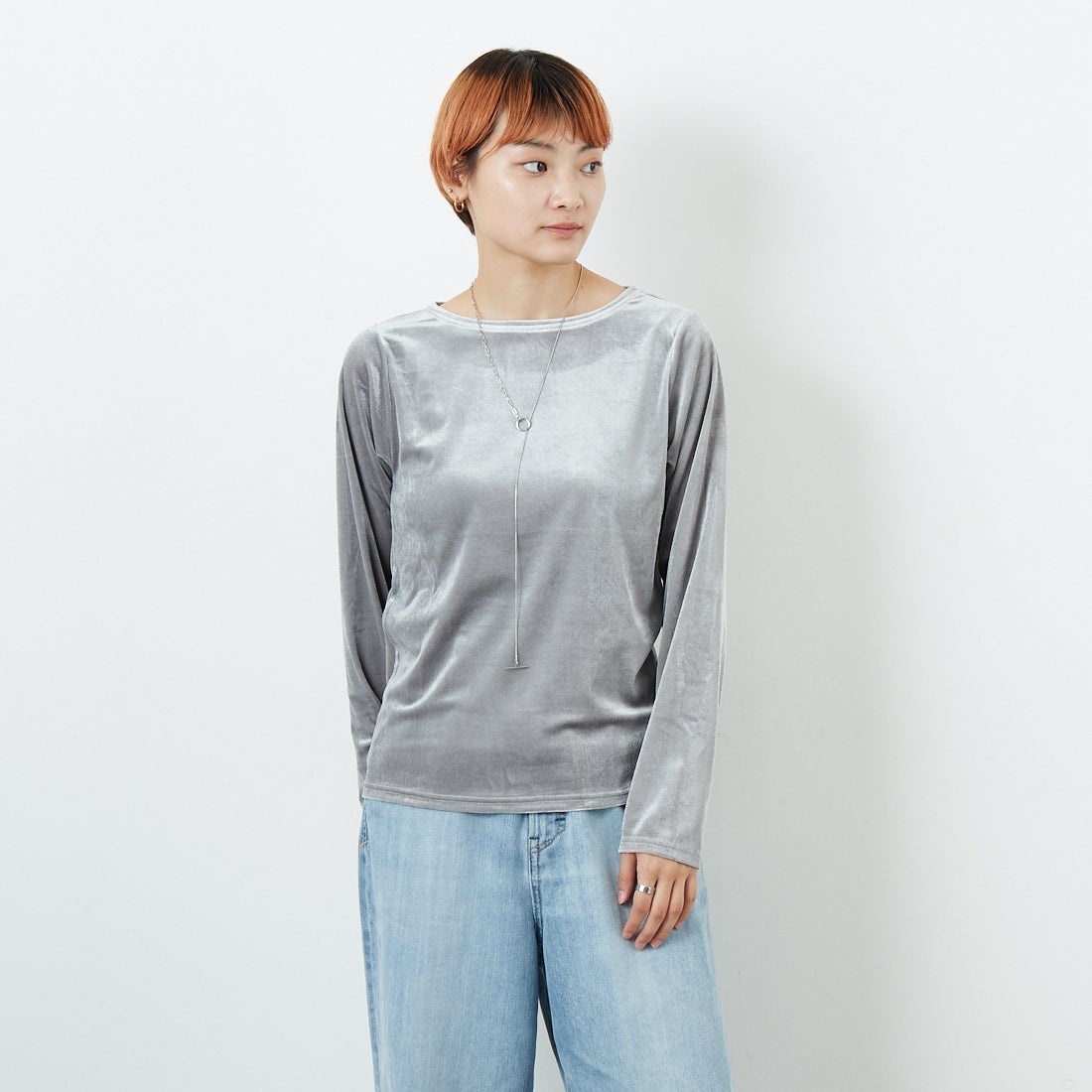 Jf Ready Made [ジェイエフレディメイド] カットベロアクルーネックTシャツ [3105101] 805 ｸﾞﾚｲ &&モデル身長：160cm 着用サイズ：F&&