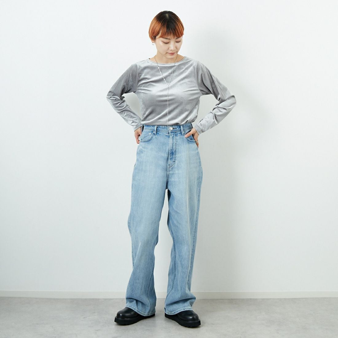 Jf Ready Made [ジェイエフレディメイド] カットベロアクルーネックTシャツ [3105101] 805 ｸﾞﾚｲ &&モデル身長：160cm 着用サイズ：F&&