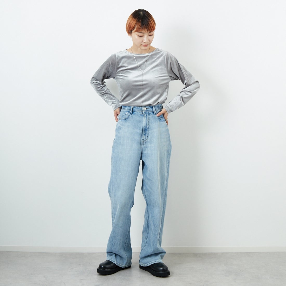 Jf Ready Made [ジェイエフレディメイド] カットベロアクルーネックTシャツ [3105101] 805 ｸﾞﾚｲ &&モデル身長：160cm 着用サイズ：F&&