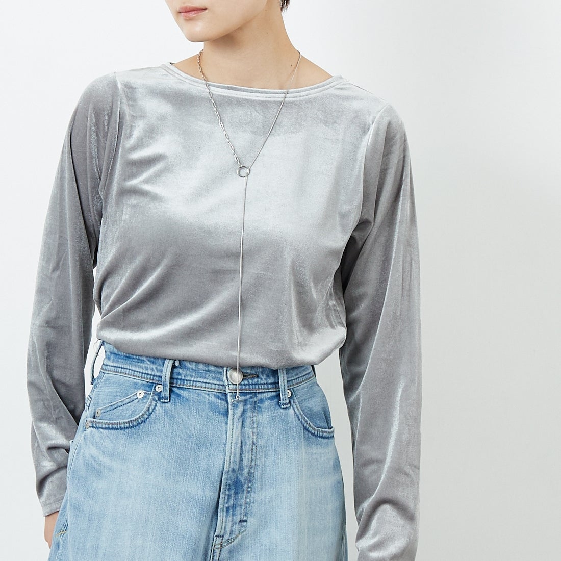 Jf Ready Made [ジェイエフレディメイド] カットベロアクルーネックTシャツ [3105101] 805 ｸﾞﾚｲ &&モデル身長：160cm 着用サイズ：F&&