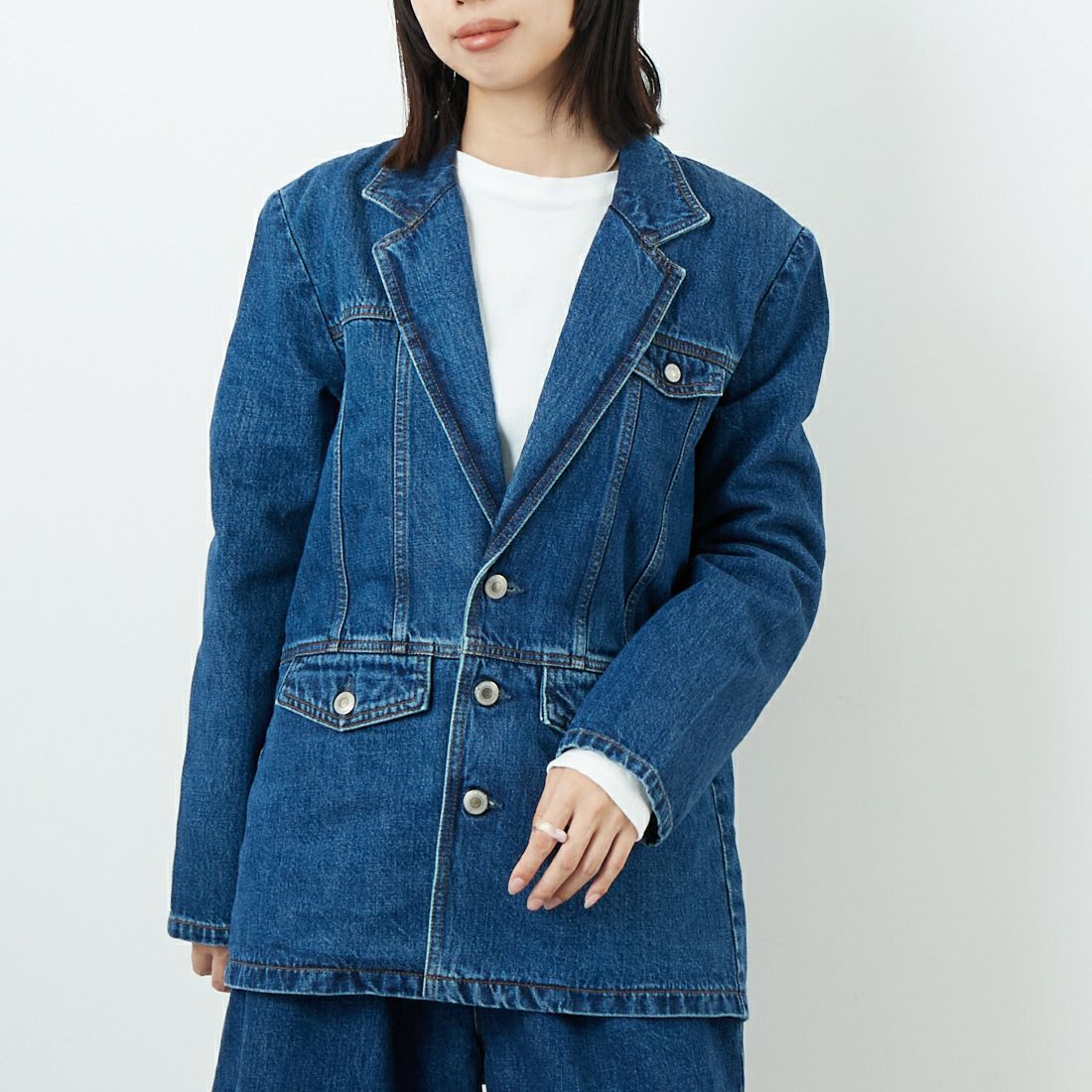 SOMETHING [サムシング] デニムブレザー [SAT006] 40 MID BLU &&モデル身長：162cm 着用サイズ：F&&