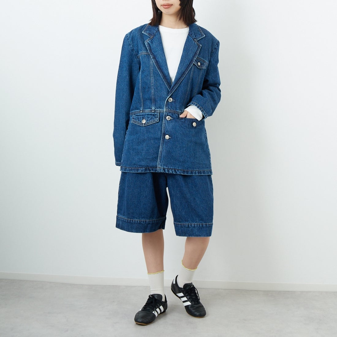 SOMETHING [サムシング] デニムブレザー [SAT006] 40 MID BLU &&モデル身長：162cm 着用サイズ：F&&