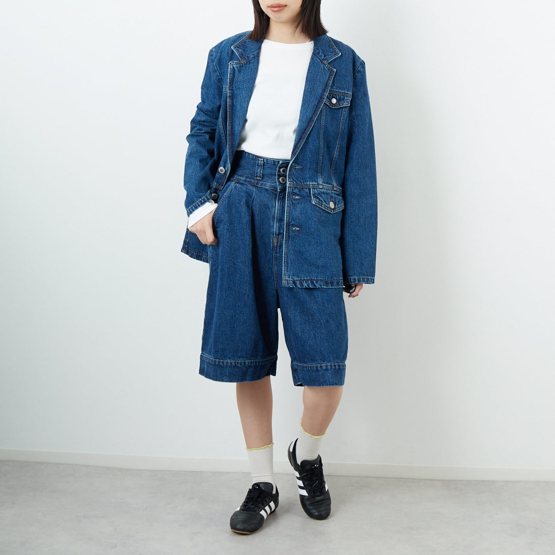 SOMETHING [サムシング] デニムブレザー [SAT006] 40 MID BLU &&モデル身長：162cm 着用サイズ：F&&