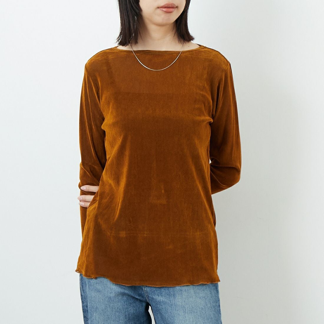 USINE [ユジーヌ] フロッキーチュールボートネックTシャツ [21256064] 044 ｷｬﾒﾙ &&モデル身長：162cm 着用サイズ：F&&