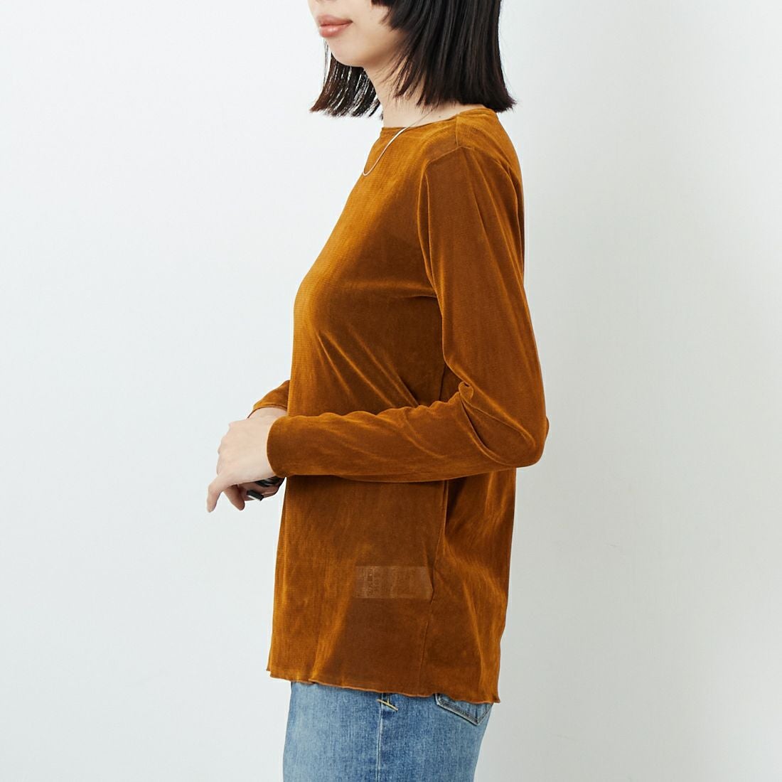 USINE [ユジーヌ] フロッキーチュールボートネックTシャツ [21256064] 044 ｷｬﾒﾙ &&モデル身長：162cm 着用サイズ：F&&