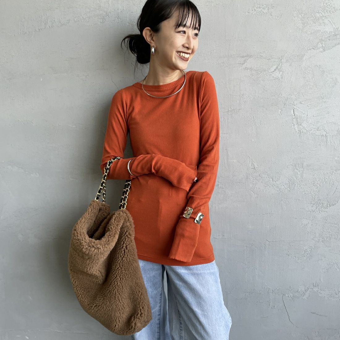 USINE [ユジーヌ] カシミアシルク シアーボートネックカットソー [21256066] 020 ｵﾚﾝｼﾞ &&モデル身長：150cm 着用サイズ：36&&