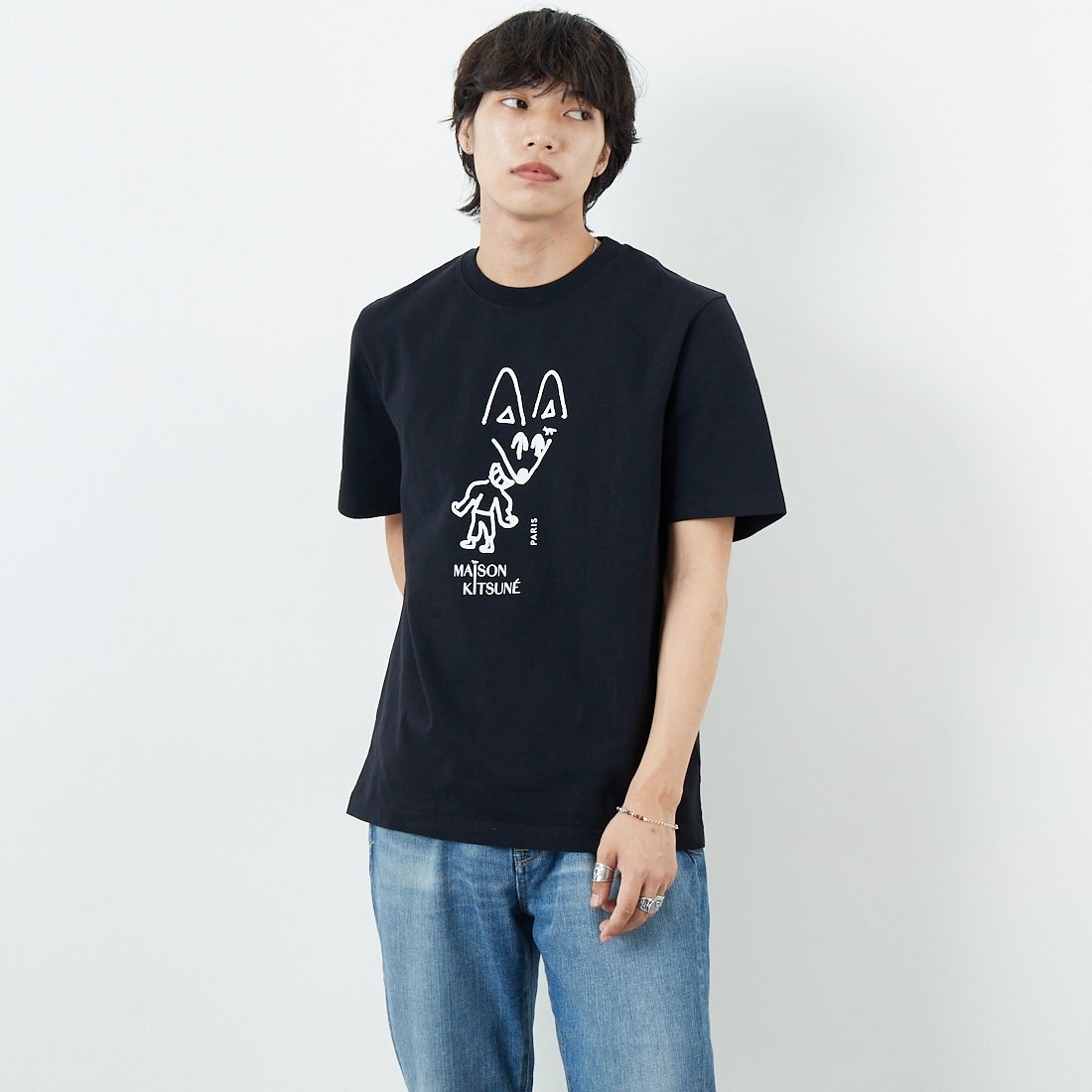 MAISON KITSUNE [メゾン キツネ] パーティーフォックス コンフォートTシャツ [PM00116KJ7025] P199 BLACK &&モデル身長：179cm 着用サイズ：S&&