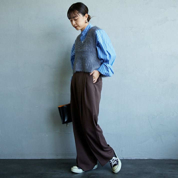 USINE [ユジーヌ] イージーケアツイル2タックワイドパンツ [21256057] 037 ﾌﾞﾗｳﾝ &&モデル身長：150cm 着用サイズ：34&&