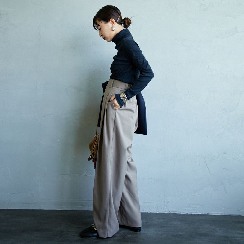 USINE [ユジーヌ] イージーケアツイル2タックワイドパンツ [21256057] 035 ﾓｶ &&モデル身長：150cm 着用サイズ：34&&
