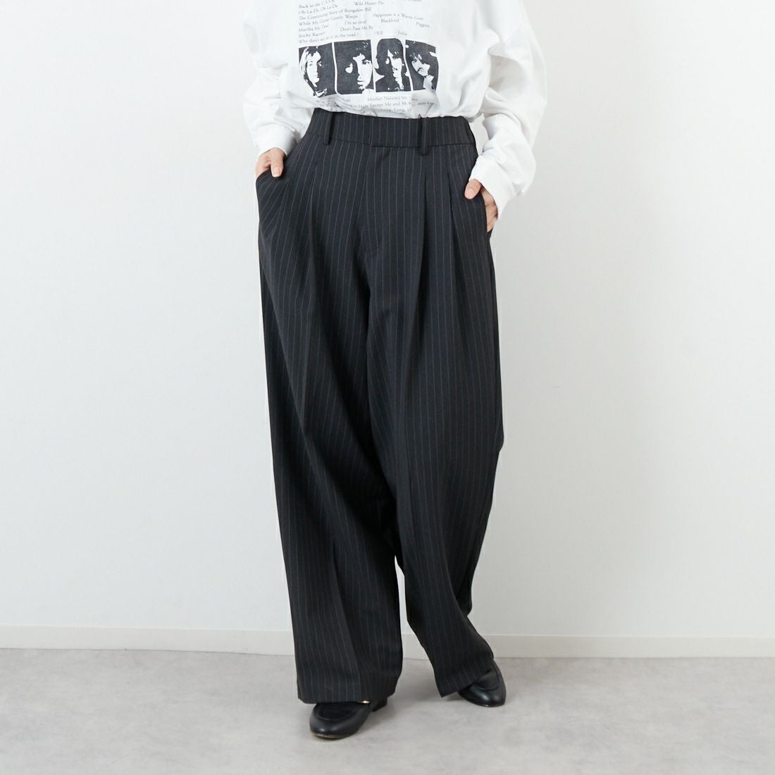 USINE [ユジーヌ] イージーケアツイル2タックワイドパンツ [21256057] 003 ﾁｬｺｰﾙS &&モデル身長：162cm 着用サイズ：38&&