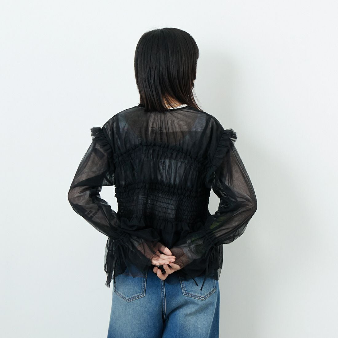 MAISON SPECIAL [メゾンスペシャル] 2WAYフリルギャザーチュールトップス [21252315707] BLK &&モデル身長：162cm 着用サイズ：F&&