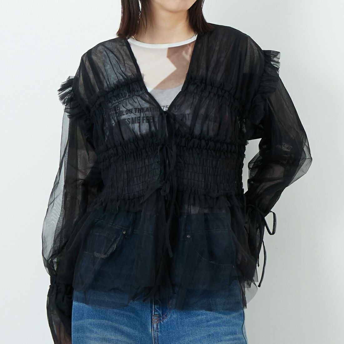 MAISON SPECIAL [メゾンスペシャル] 2WAYフリルギャザーチュールトップス [21252315707] BLK &&モデル身長：162cm 着用サイズ：F&&