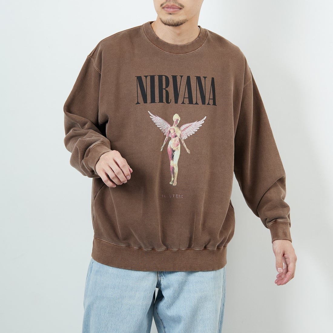 GOOD ROCK SPEED [グッドロックスピード] 別注 NIRVANA プリントスウェット [INTN-051-JF] BROWN &&モデル身長：168cm 着用サイズ：L&&