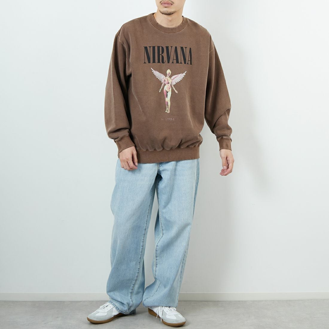 GOOD ROCK SPEED [グッドロックスピード] 別注 NIRVANA プリントスウェット [INTN-051-JF] BROWN &&モデル身長：168cm 着用サイズ：L&&