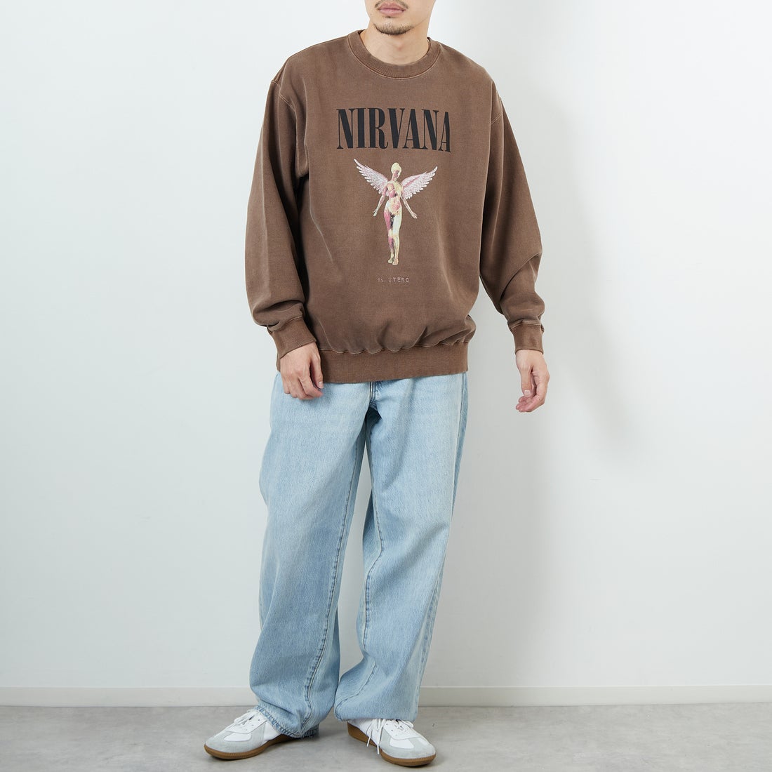 GOOD ROCK SPEED [グッドロックスピード] 別注 NIRVANA プリントスウェット [INTN-051-JF] BROWN &&モデル身長：168cm 着用サイズ：L&&