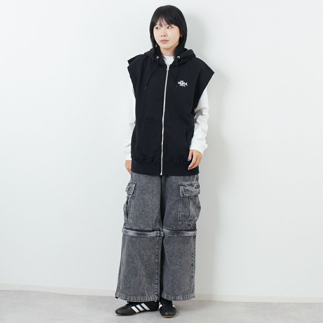 新品X-girl ダウンベスト　M size/BLACK X-girl [エックスガール] ディストレス ジップアップスウェットベスト