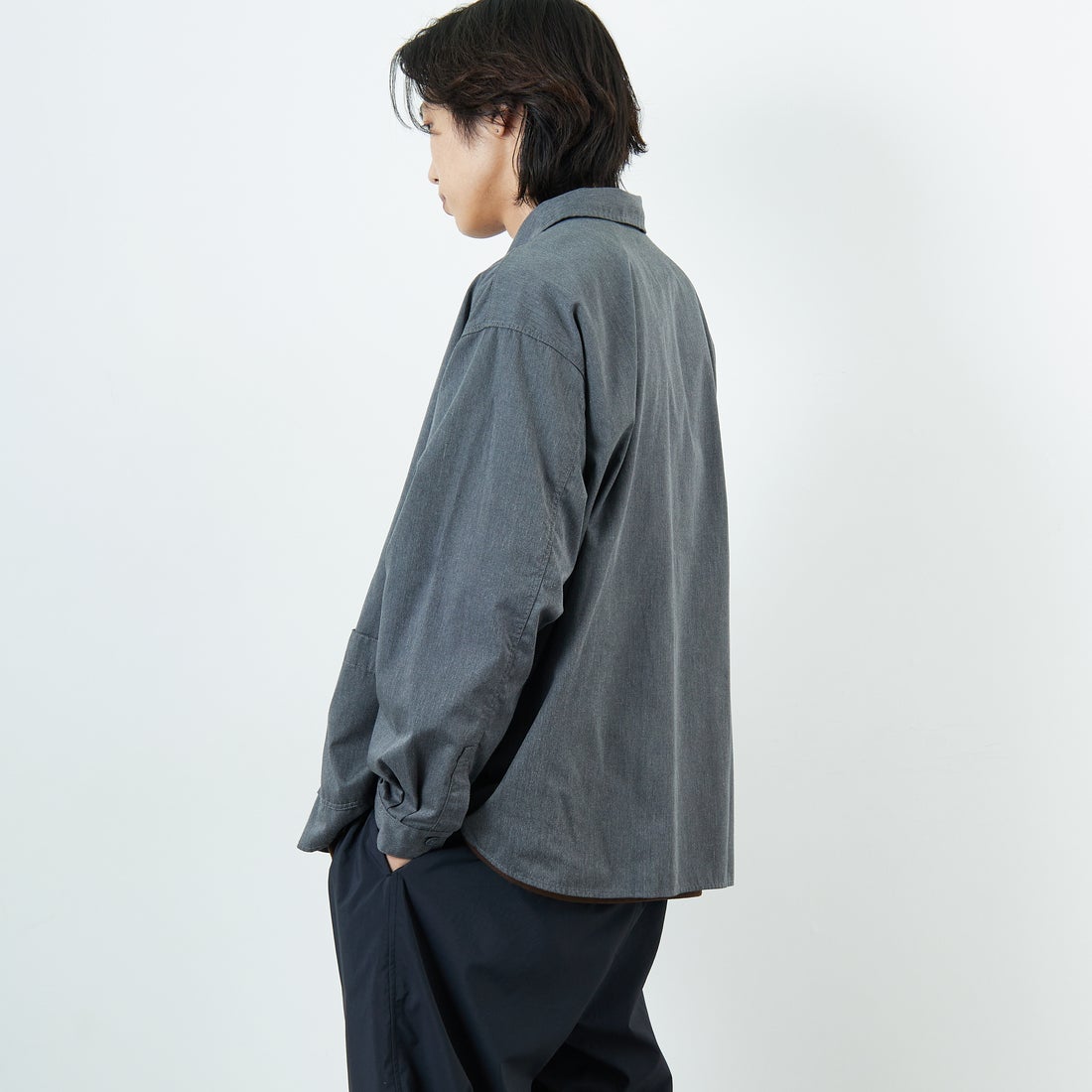 DANTON [ダントン] ワンポイントロゴ シャツジャケット [DT-B0396TCC] GREY &&モデル身長：179cm 着用サイズ：42&&