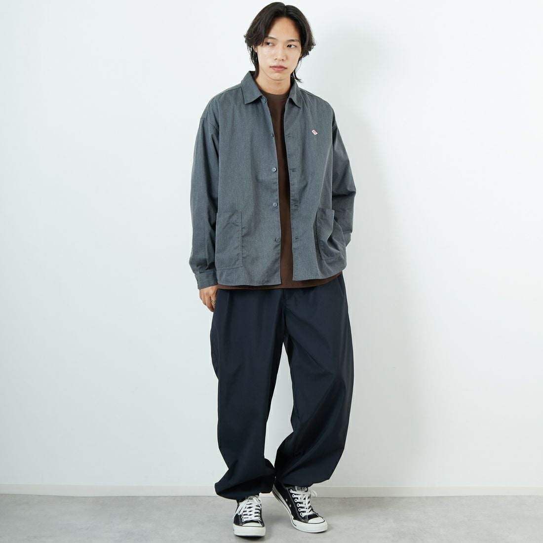 DANTON [ダントン] ワンポイントロゴ シャツジャケット [DT-B0396TCC] GREY &&モデル身長：179cm 着用サイズ：42&&
