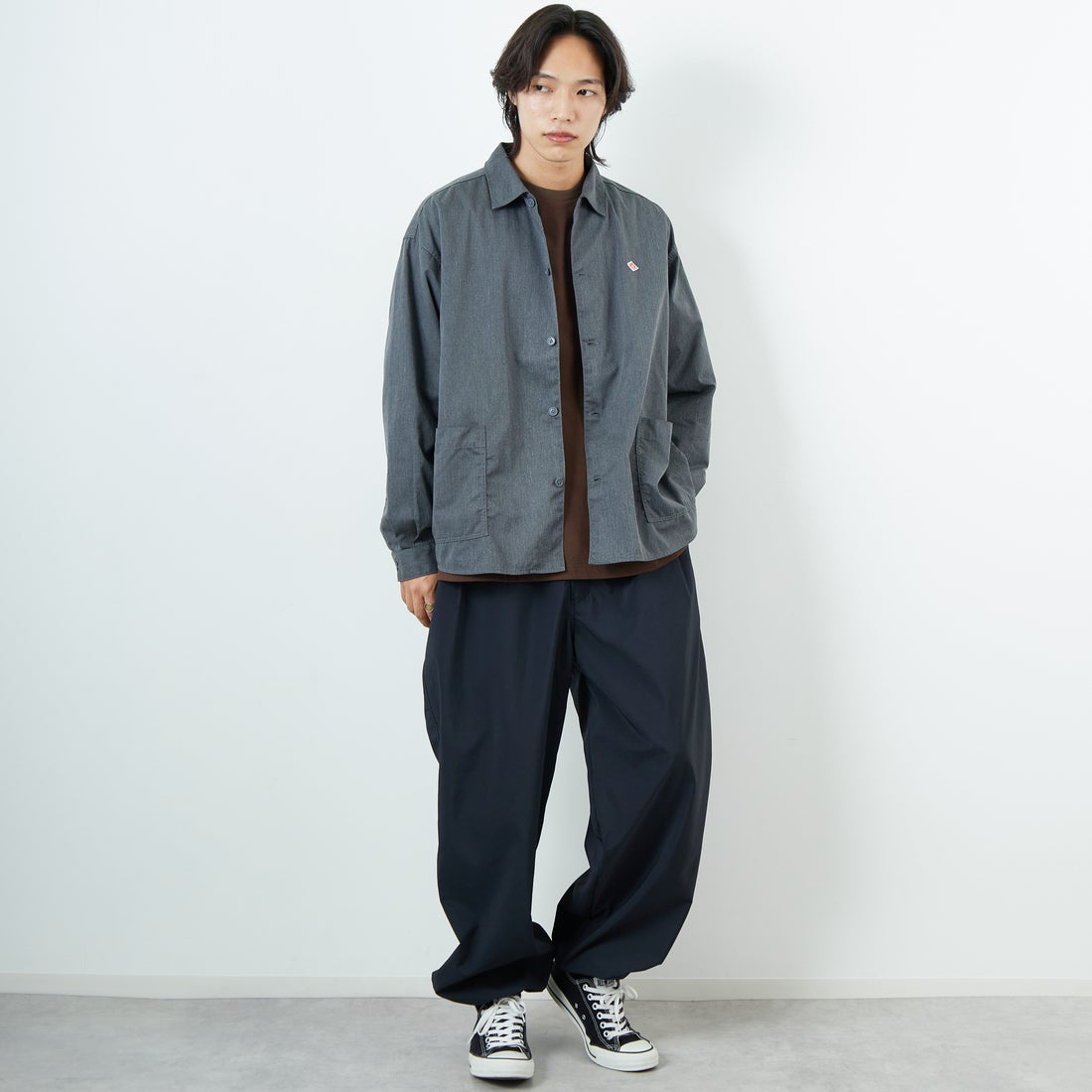 DANTON [ダントン] ワンポイントロゴ シャツジャケット [DT-B0396TCC] GREY &&モデル身長：179cm 着用サイズ：42&&