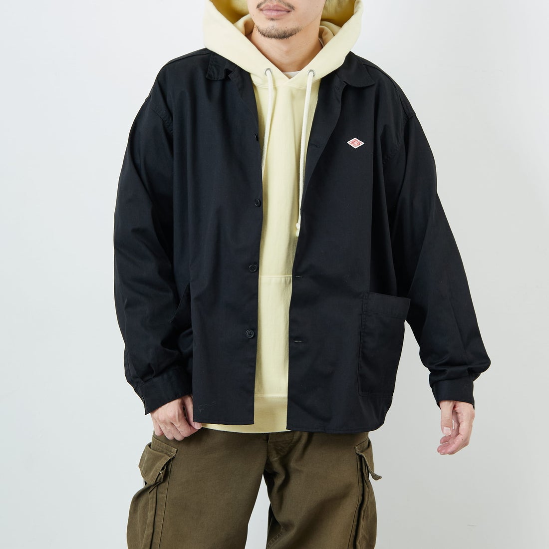 DANTON [ダントン] ワンポイントロゴ シャツジャケット [DT-B0396TCC] BLACK &&モデル身長：168cm 着用サイズ：40&&