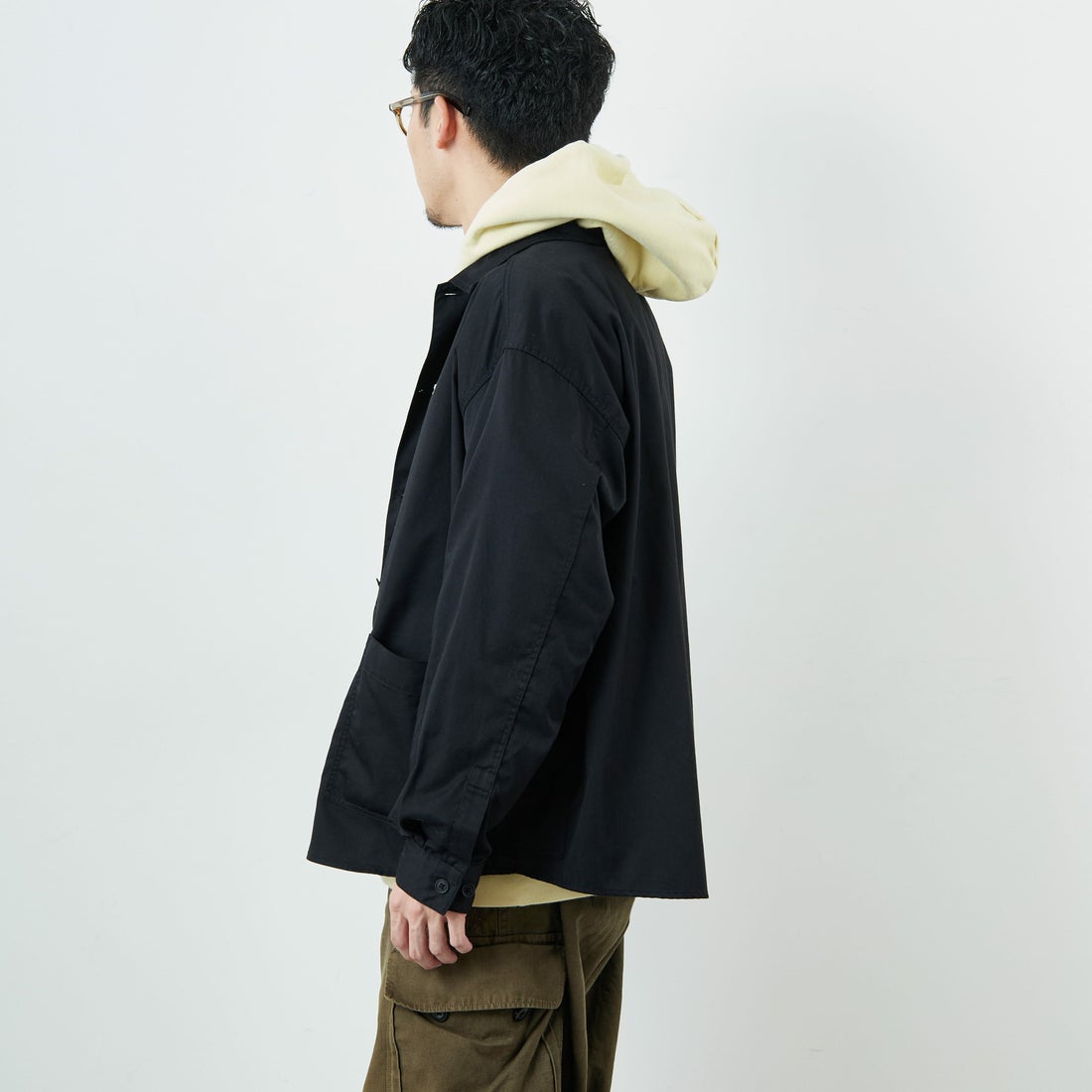 DANTON [ダントン] ワンポイントロゴ シャツジャケット [DT-B0396TCC] BLACK &&モデル身長：168cm 着用サイズ：40&&