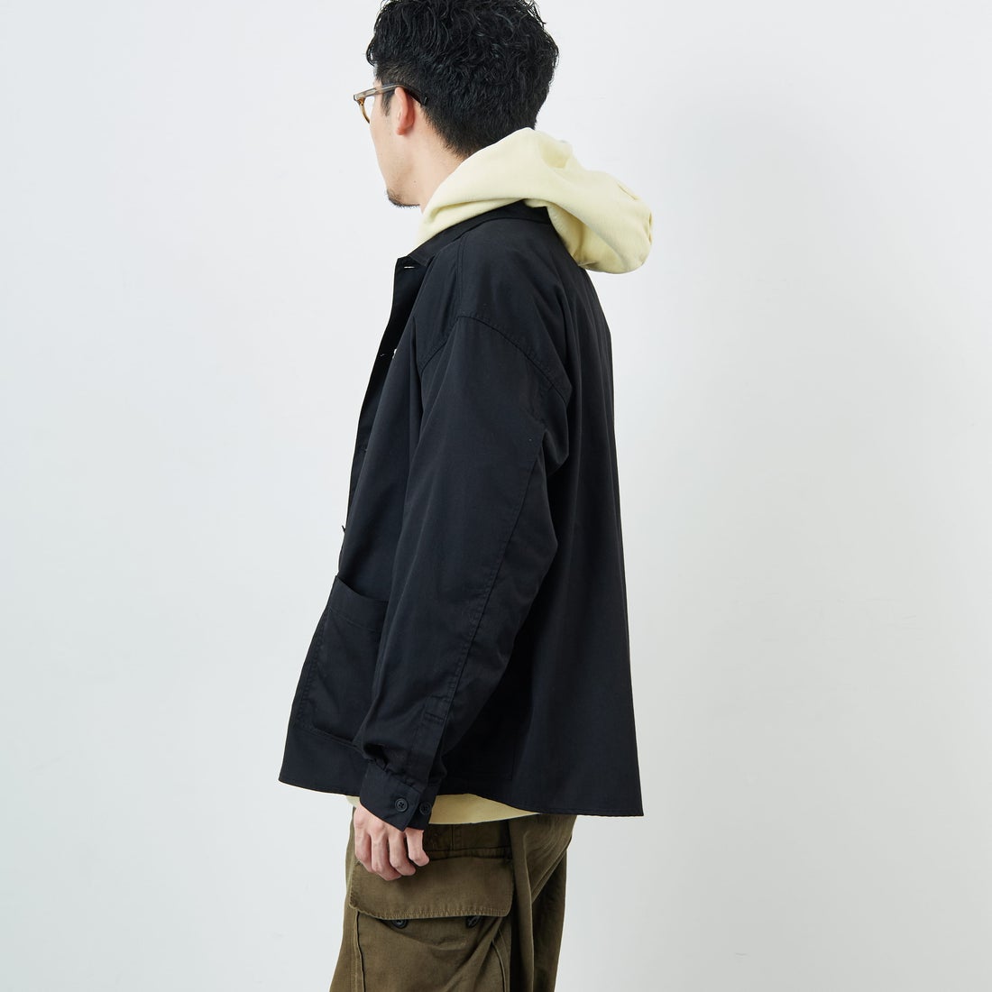 DANTON [ダントン] ワンポイントロゴ シャツジャケット [DT-B0396TCC] BLACK &&モデル身長：168cm 着用サイズ：40&&