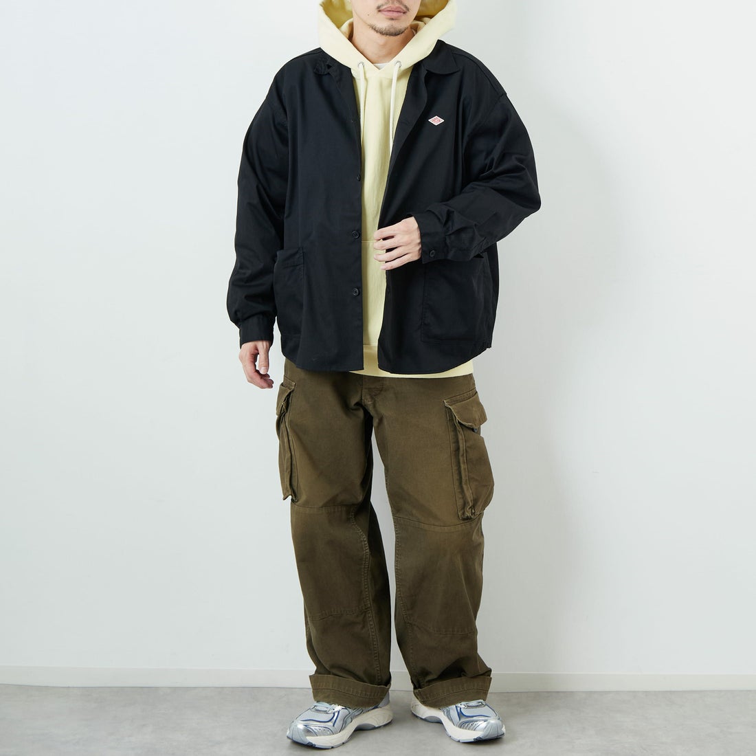 DANTON [ダントン] ワンポイントロゴ シャツジャケット [DT-B0396TCC] BLACK &&モデル身長：168cm 着用サイズ：40&&