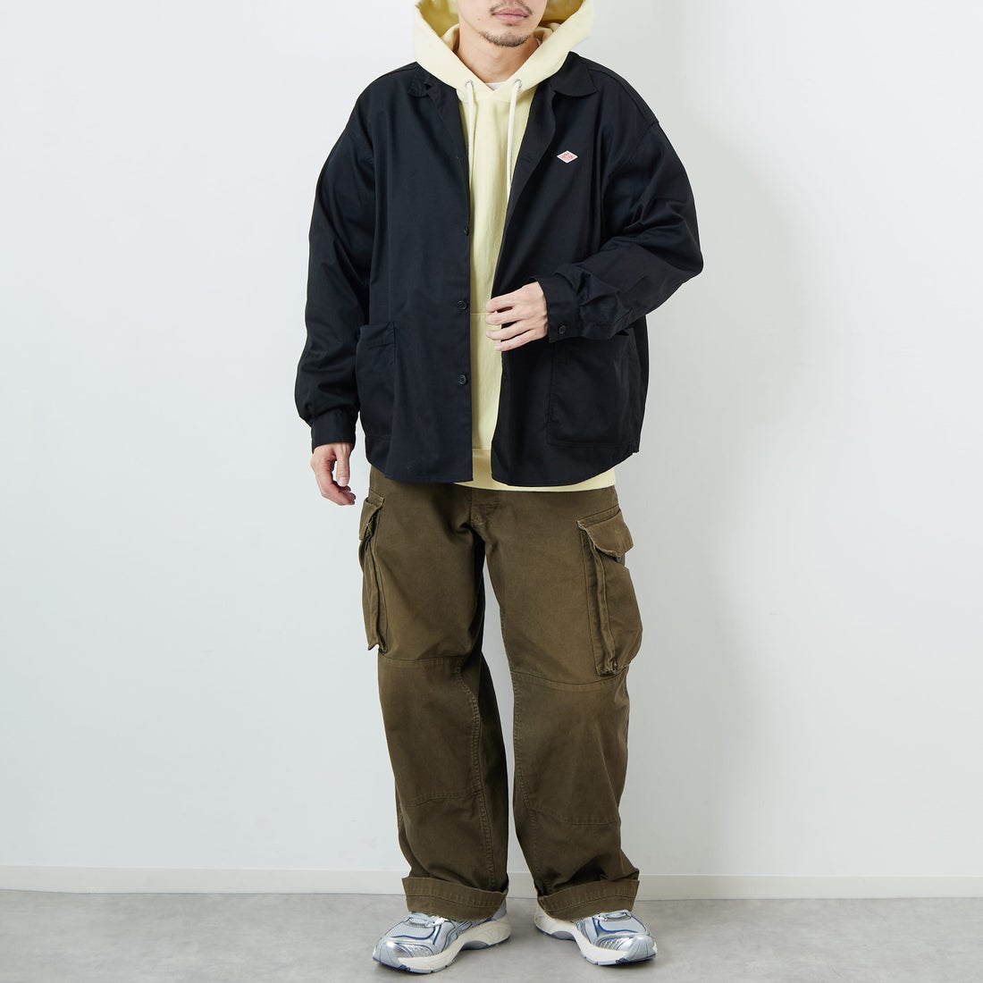 DANTON [ダントン] ワンポイントロゴ シャツジャケット [DT-B0396TCC] BLACK &&モデル身長：168cm 着用サイズ：40&&